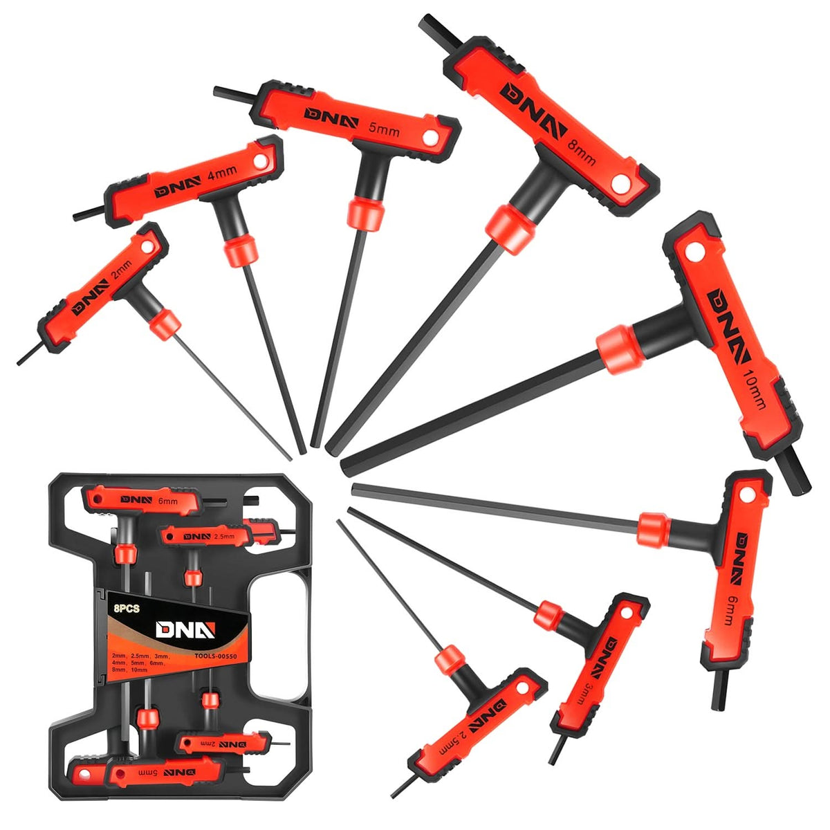 T-Type Hex Key Set with Flat Head 2-10mm Red 8 Piece Plastic Box