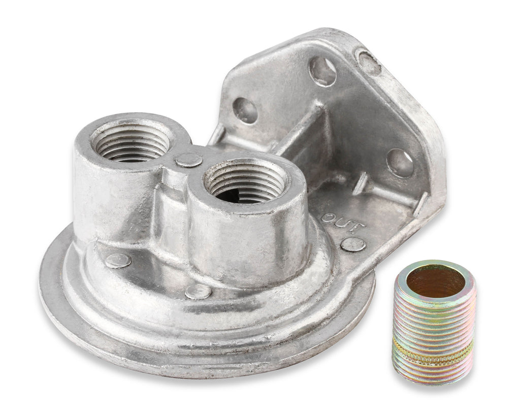 Cast Remote Oil Filter Mount Kit with 1/2" NPT facing upward - Female 3/4"- 16 Thread for Single Filter Mount.