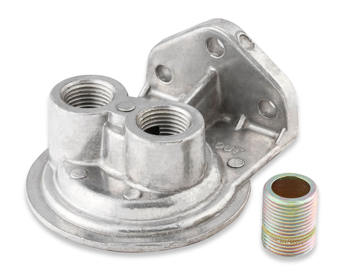 Cast Remote Oil Filter Mount Kit with 1/2" NPT facing upward - Female 3/4"- 16 Thread for Single Filter Mount.