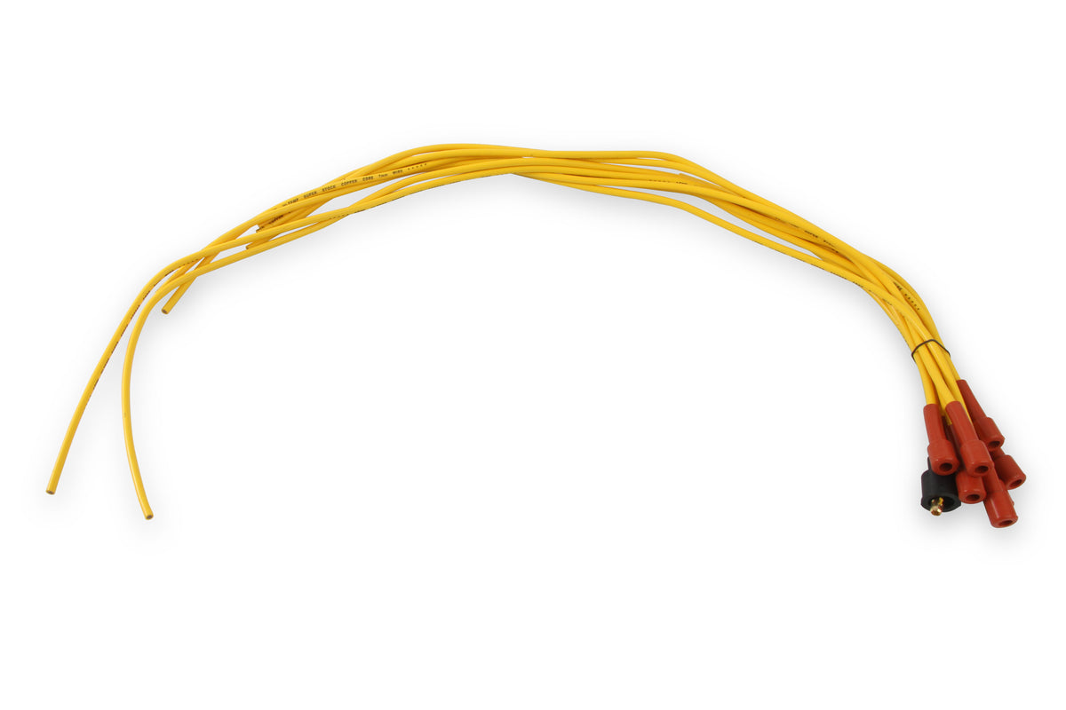 Spark Plug Wire Set- 7mm-Super Stock-Copper Core-Universal Straight Boots-Yellow - 3008 universal fit super stock spark plug wire sets have a spiral core with yellow silicon coating and are 7mm.