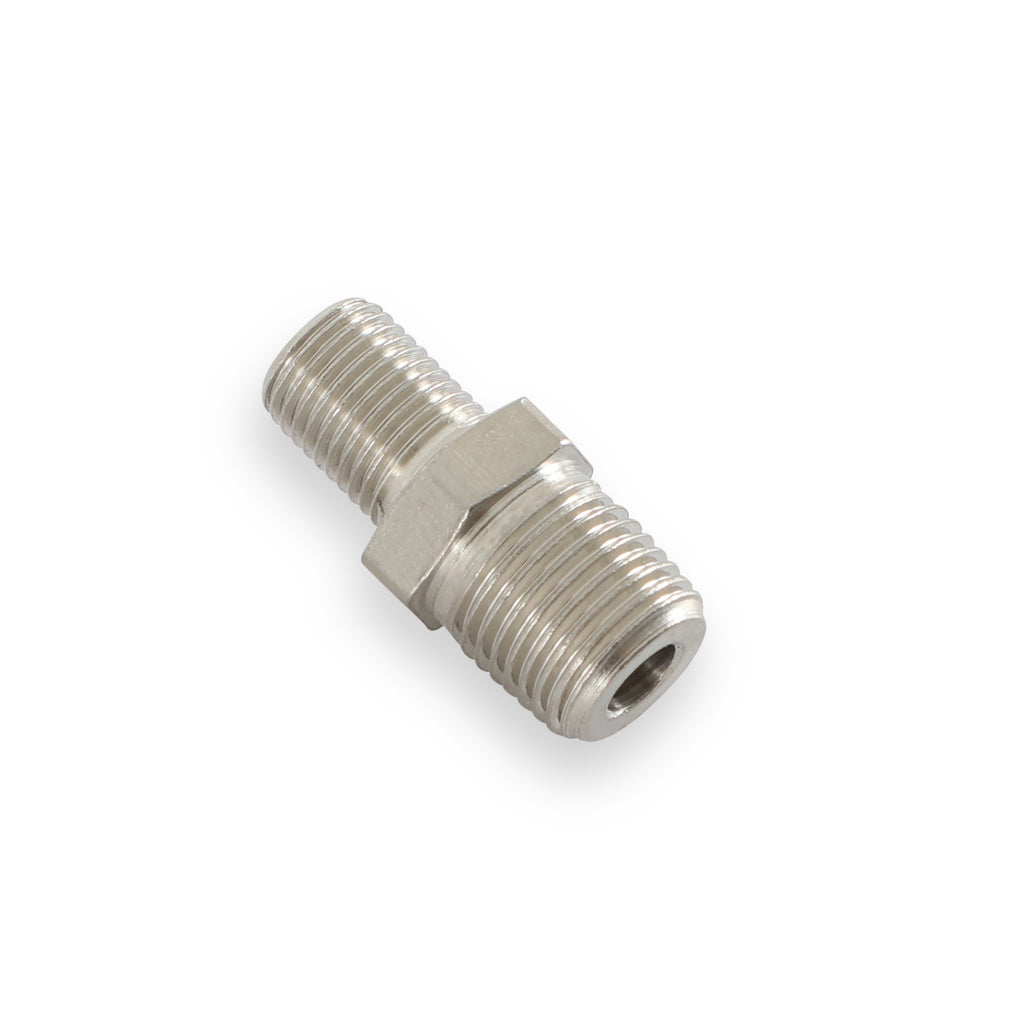1/8" NPT Male Schrader Valve - on the end that screws into the adapter or fuel rail.  The thread size on the cap end is .305"-32.