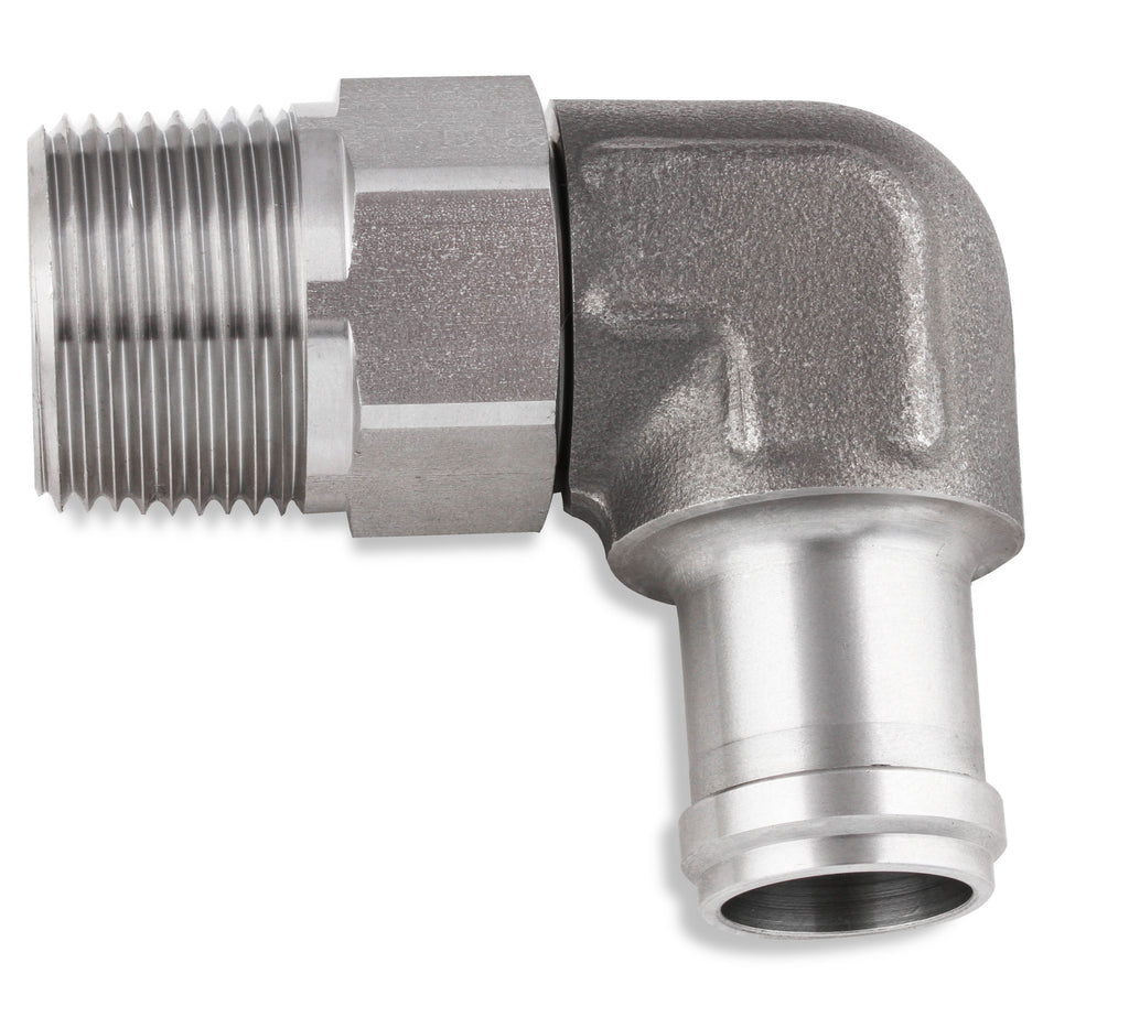 90 Degree Hose Barb w/ Swivel.  3/4" Hose, 3/4" NPT Male.  This special fitting allows the hose to swivel even after the NPT is Tightened up.