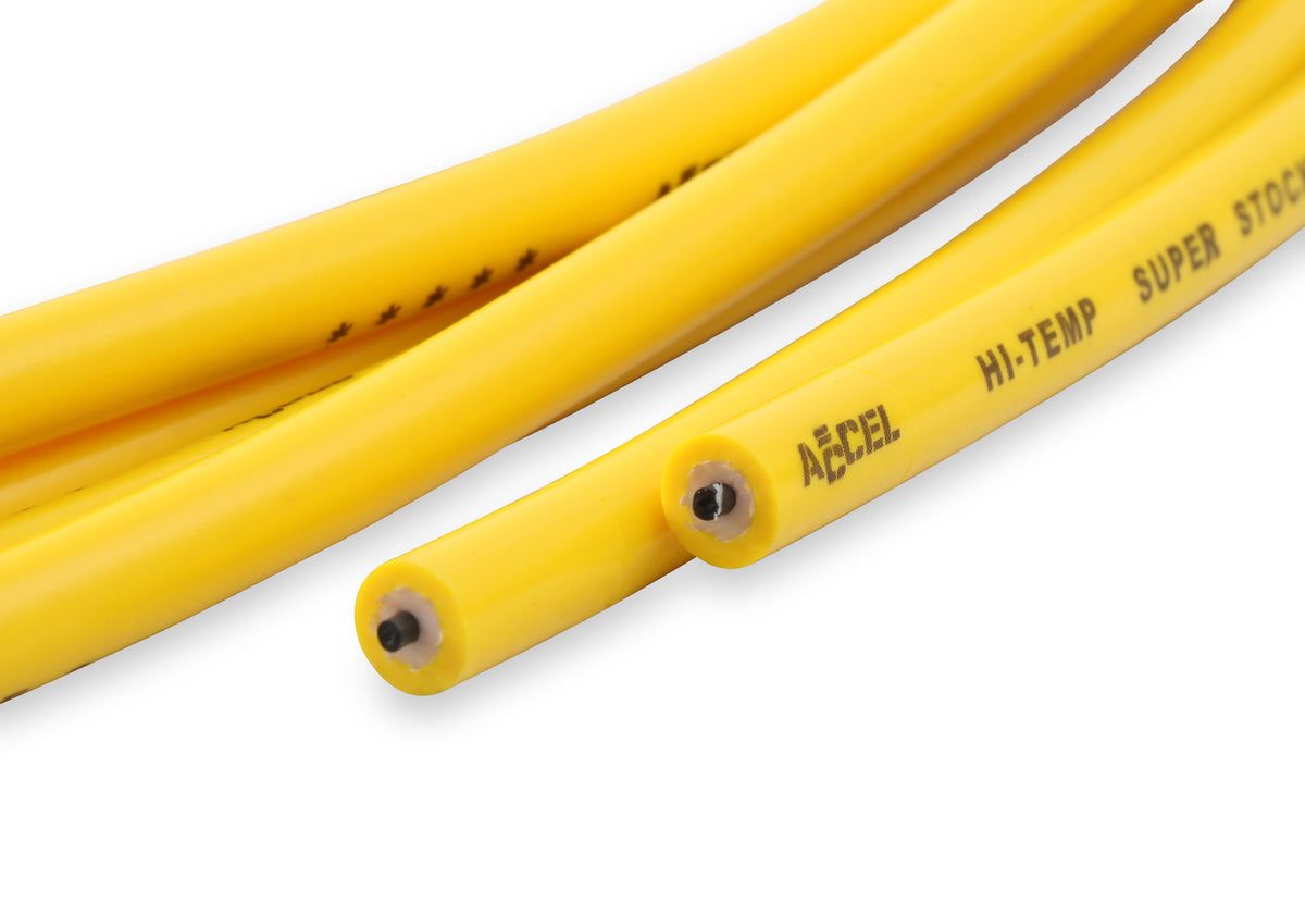 Spark Plug Wire Set - 8mm - Yellow with Orange 90 Deg Boots - 4041 8mm universal fit super stock spark plug wires feature a spiral core and yellow silicone jacket.