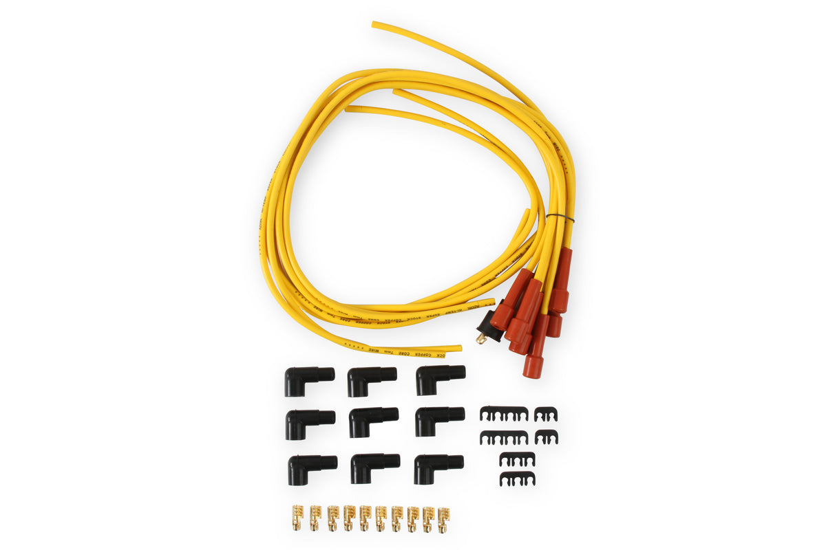 Spark Plug Wire Set- 7mm-Super Stock-Copper Core-Universal Straight Boots-Yellow - 3008 universal fit super stock spark plug wire sets have a spiral core with yellow silicon coating and are 7mm.