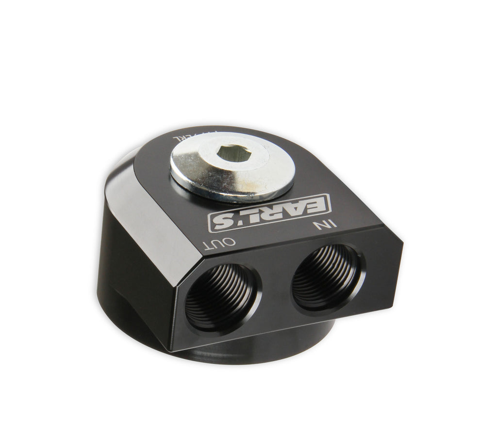 Earls Remote Oil Filter Adapter - 90 Degree Ports, Billet Aluminum w/ Hardware, Fits Oil Filters w/ 3/4"-16 threads & w/ 2-3/4" Diameter Gasket , Use w/ -10 AN O-Ring Port Adapters.