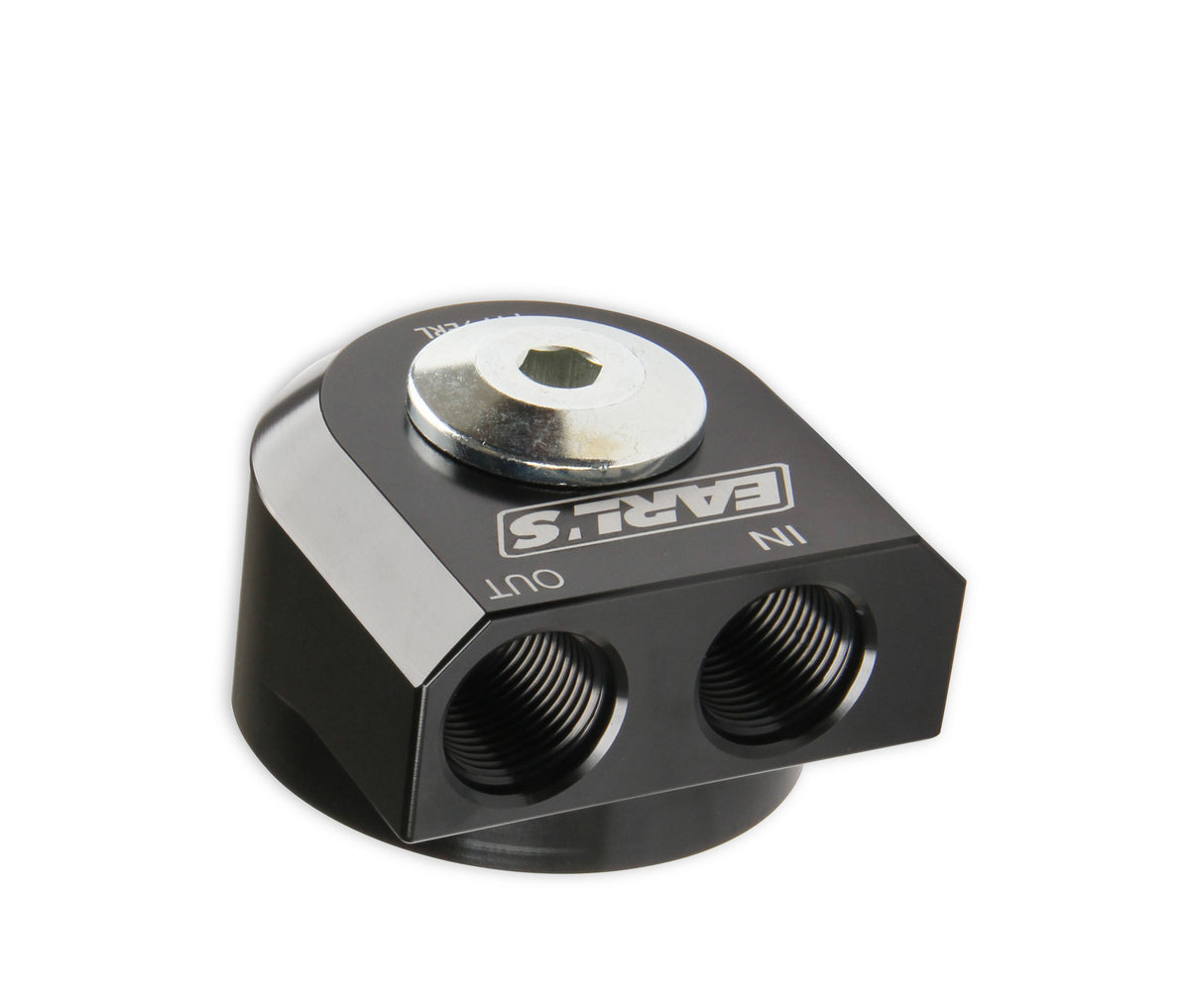 Earls Remote Oil Filter Adapter - 90 Degree Ports, Billet Aluminum w/ Hardware, Fits Oil Filters w/ 3/4"-16 threads & w/ 2-3/4" Diameter Gasket , Use w/ -10 AN O-Ring Port Adapters.