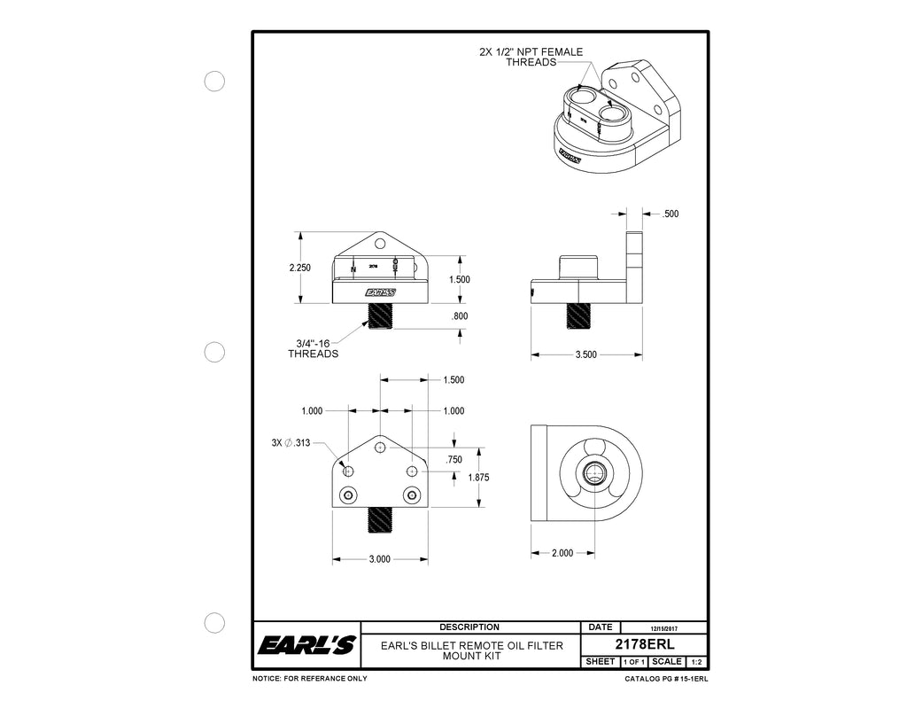 Billet Remote Oil Filter Mount Kit 3/4"-16 Center Thread 1/2" NPT Female Ports, Single Filter