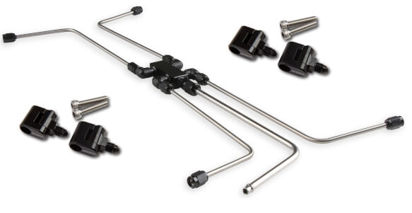LS Steam Tube Kit w/ Stainless Steel Hard Line Tubing and Black Anodized Fittings & Distribution Block.  Four-Corner Style Allows Coolant Flow From the Front & Back of the Cylinder Heads.  Includes 2 Set of Pivoting Steam Vent Adapters