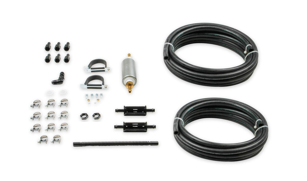 Fuel System Plumbing Kit w/ 40' of 3/8" Vapor Guard™ Fuel Hose, Electric Fuel Pump, Billet Fuel Filters, Bulkhead Fuel Fitting for Return Line to Tank, and Hardware.