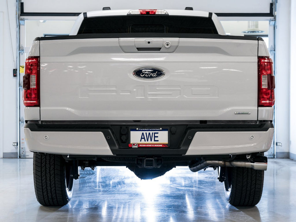 AWE 0FG Dual Side Exit Exhaust for '21+ Ford F-150 - 4.5" Chrome Silver Tips