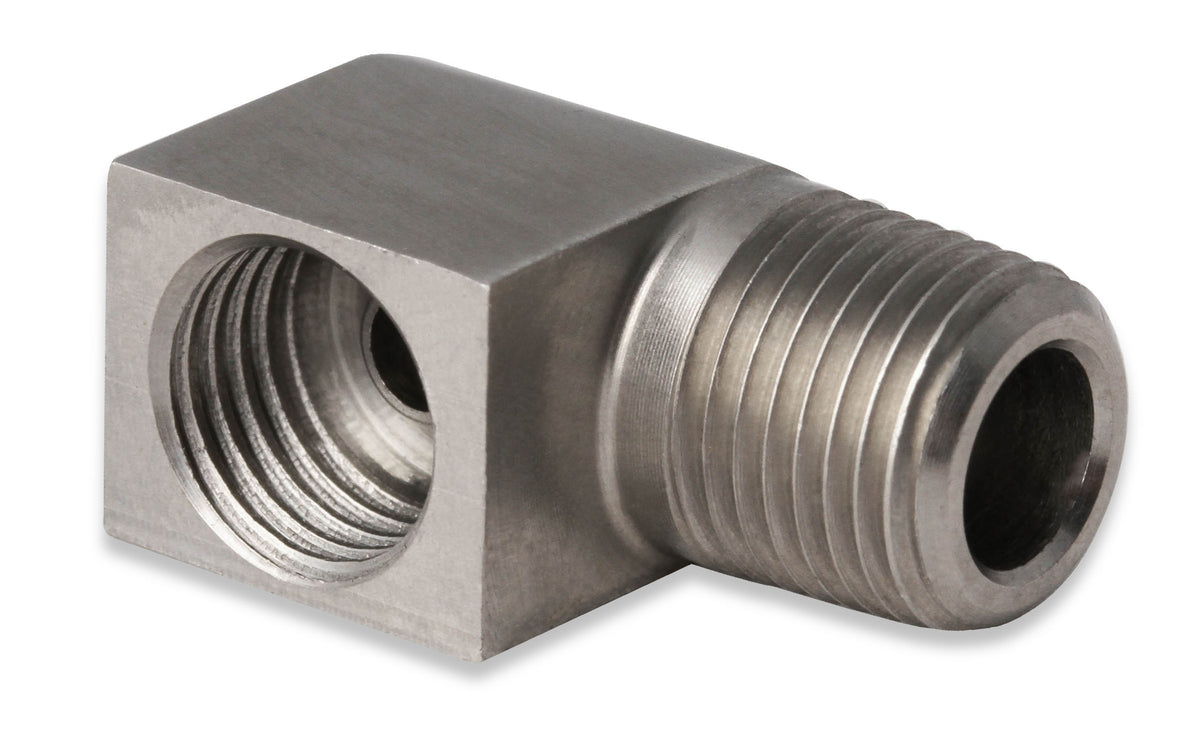 Hardline Adapter - 90 Degree Stainless Steel - 1/8" NPT Male to 3/8"-24 Inverted Flare Female.