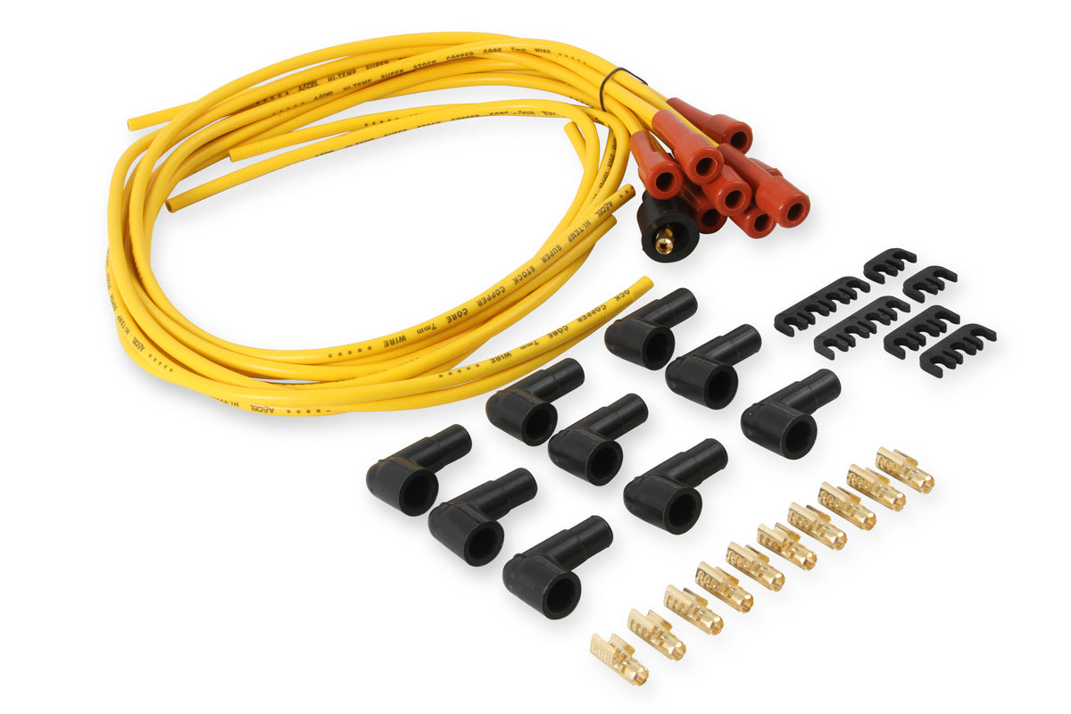 Spark Plug Wire Set- 7mm-Super Stock-Copper Core-Universal Straight Boots-Yellow - 3008 universal fit super stock spark plug wire sets have a spiral core with yellow silicon coating and are 7mm.