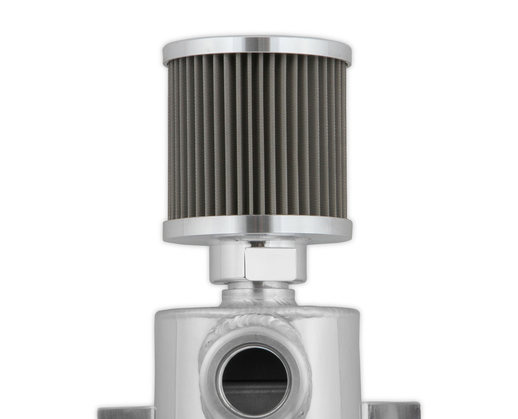 Polished w/ Billet Filter, Drain Valve, -12 AN O-Ring Port (inlet) & Mounting Brackets. 1/8" NPT on Drain Valve for Optional Remote Outlet Hose