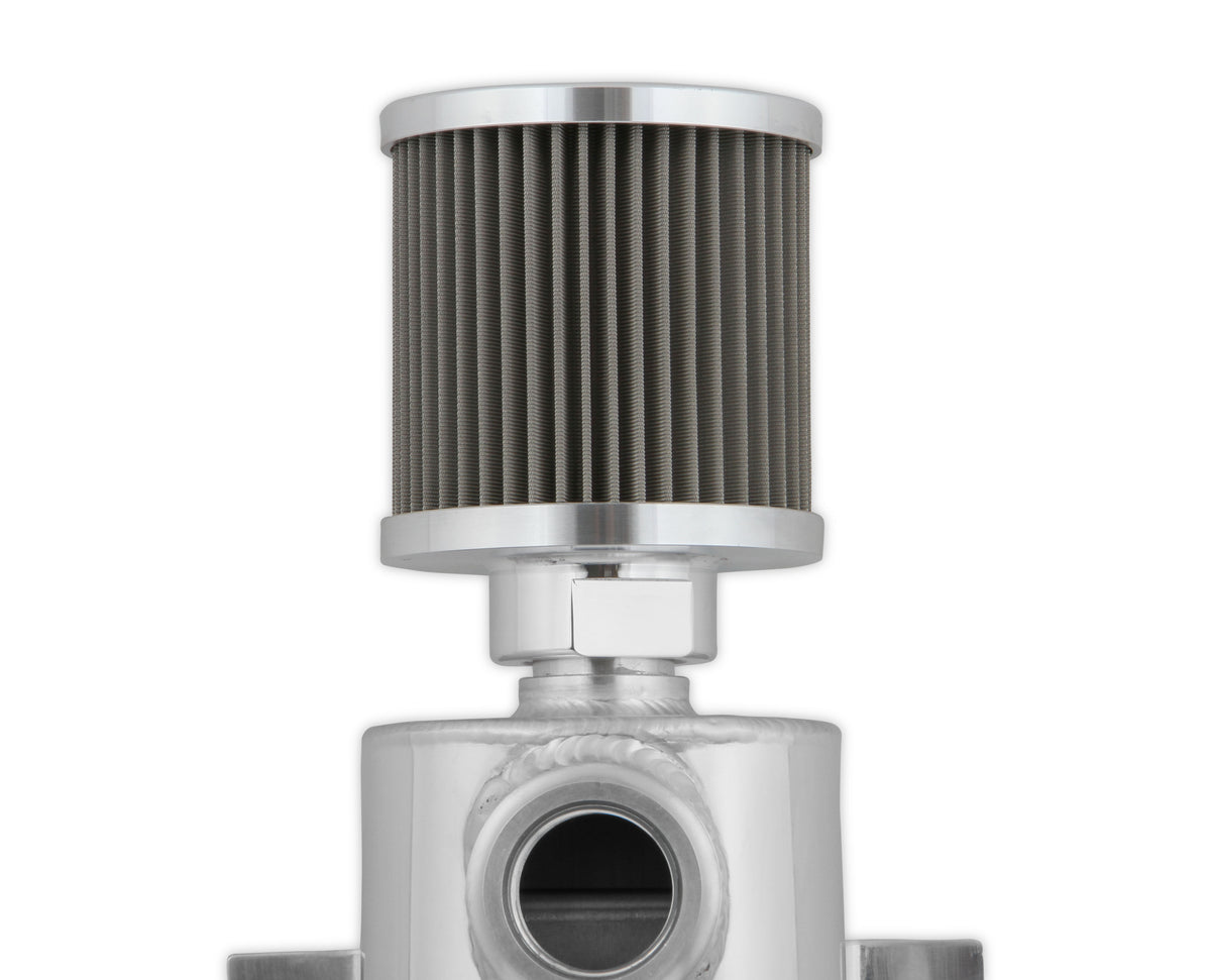Polished w/ Billet Filter, Drain Valve, -12 AN O-Ring Port (inlet) & Mounting Brackets. 1/8" NPT on Drain Valve for Optional Remote Outlet Hose
