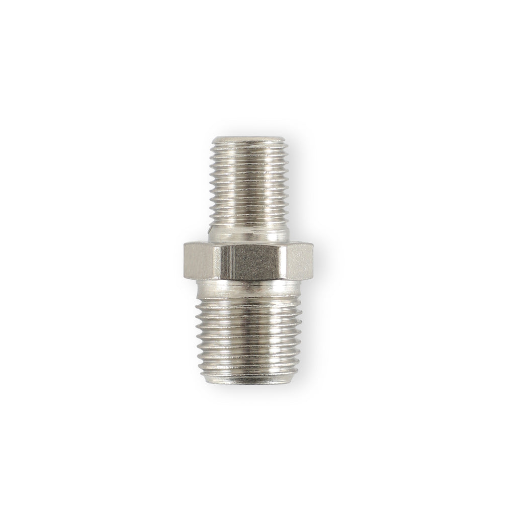 1/8" NPT Male Schrader Valve - on the end that screws into the adapter or fuel rail.  The thread size on the cap end is .305"-32.