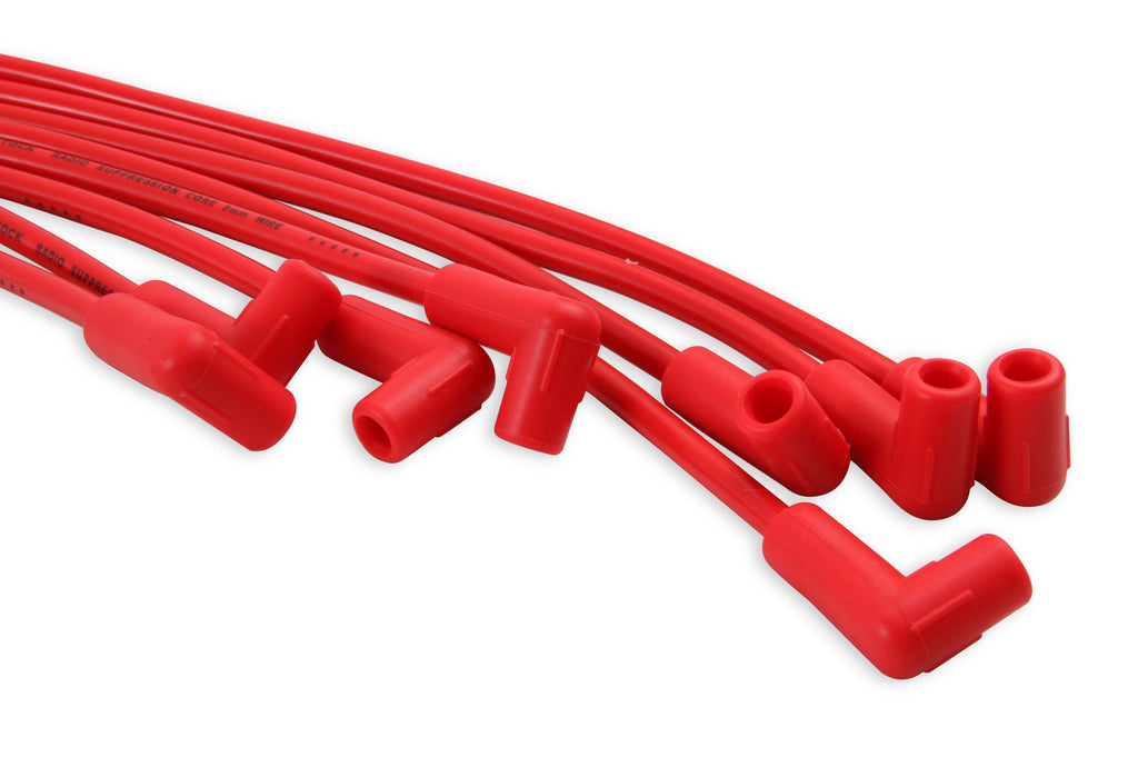 Spark Plug Wire Set- 8mm- Super Stock Universal-Graphite Core- 90 Deg Boots- Red - 4041R universal fit super stock 8mm spark plug wires feature a spiral core and red silicone jacket.
