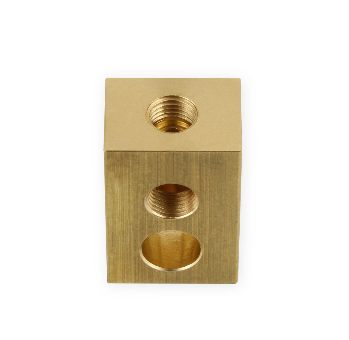 Brake Adapter Tee with (3) 3/8"-24 Inverted Flare Female Ports, and (1) 1/8" NPT Port, 7/16" Mounting Hole, 1 Per Package, Brass Construction.