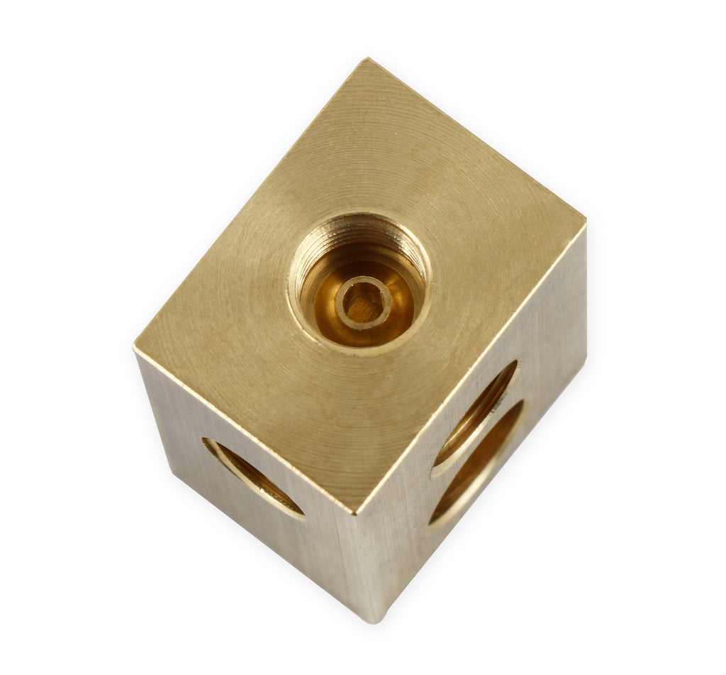 Brake Adapter Tee with (3) 3/8"-24 Inverted Flare Female Ports, and (1) 1/8" NPT Port, 7/16" Mounting Hole, 1 Per Package, Brass Construction.