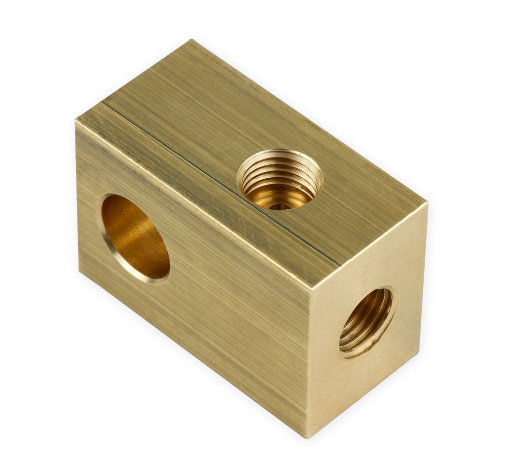 Brake Adapter Tee with (3) 3/8"-24 Inverted Flare Female Ports, and (1) 1/8" NPT Port, 7/16" Mounting Hole, 1 Per Package, Brass Construction.