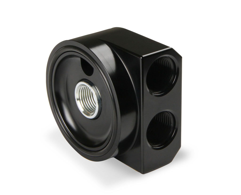 Earls Remote Oil Filter Adapter - 90 Degree Ports, Billet Aluminum w/ Hardware, Fits Oil Filters w/ 3/4"-16 threads & w/ 2-3/4" Diameter Gasket , Use w/ -10 AN O-Ring Port Adapters.