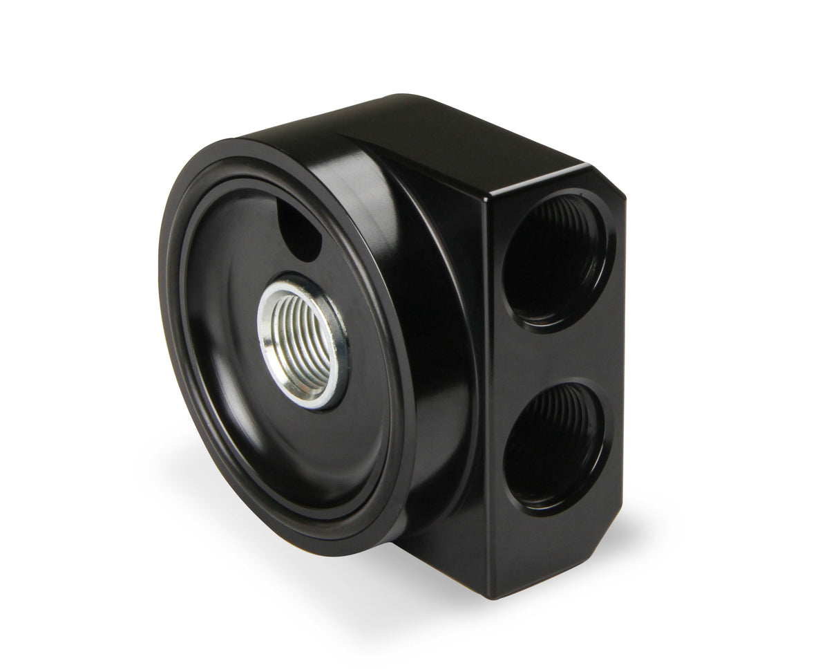 Earls Remote Oil Filter Adapter - 90 Degree Ports, Billet Aluminum w/ Hardware, Fits Oil Filters w/ 3/4"-16 threads & w/ 2-3/4" Diameter Gasket , Use w/ -10 AN O-Ring Port Adapters.