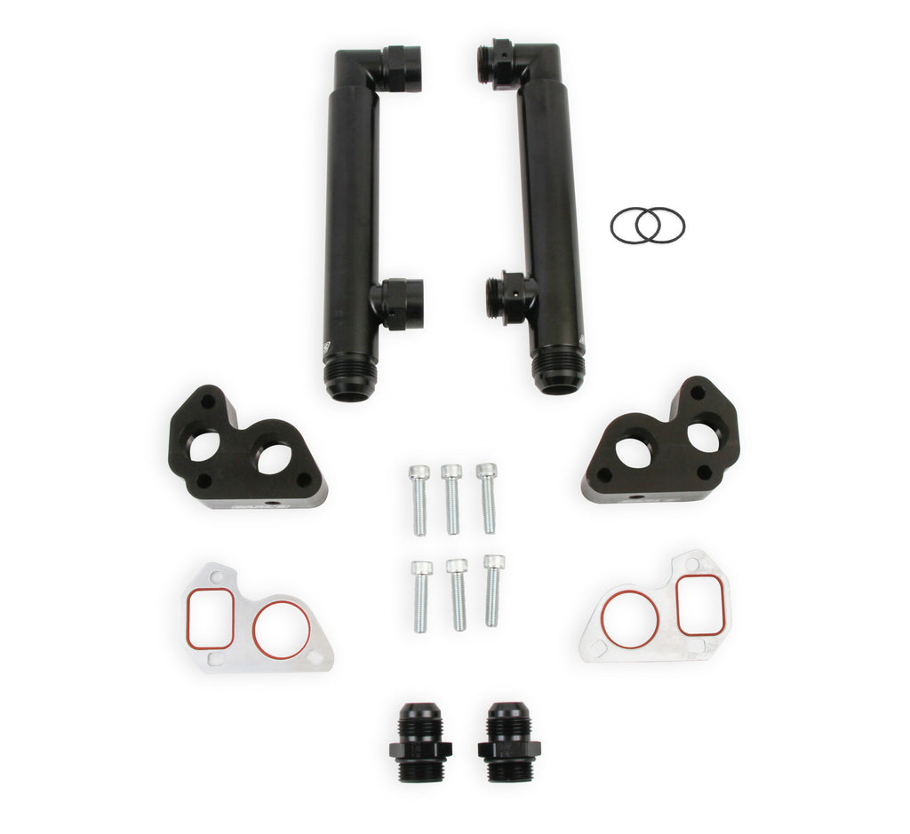 Fits GM LS Series Engines w/ Remote Electric Water Pump, -16 AN Male Inlet & Outlet, Billet Aluminim w/ Black Anodized Finish