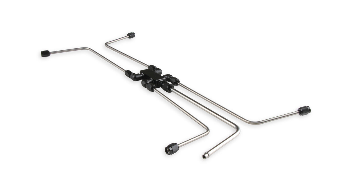 LS Steam Tube Kit w/ Stainless Steel Hard Line Tubing and Black Anodized Fittings & Distribution Block.  Four-Corner Style Allows Coolant Flow From the Front & Back of the Cylinder Heads.  Includes 2 Set of Pivoting Steam Vent Adapters