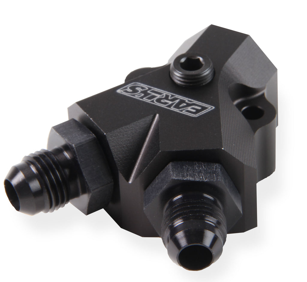 Fuel Distribution Block - New Design - Inlet is 3/8" NPT and the outlet is 2X 6AN Male Flare, Black Anodized
