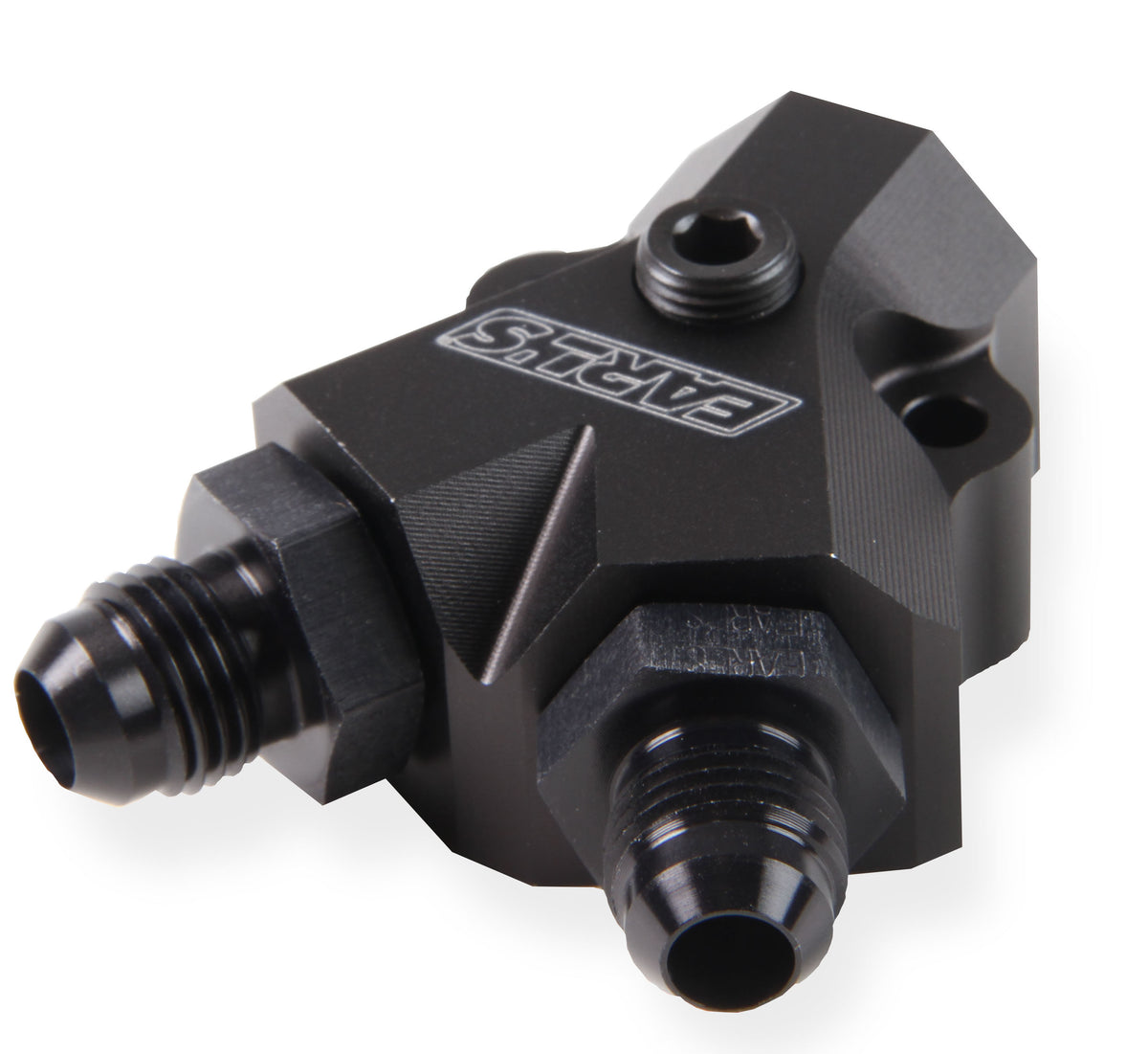 Fuel Distribution Block - New Design - Inlet is 3/8" NPT and the outlet is 2X 6AN Male Flare, Black Anodized
