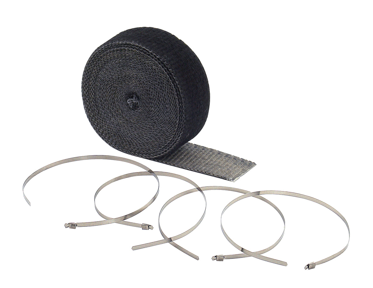 Exhaust Wrap Kit Black 2 in x 25 ft Roll - With (4) 14 in Stainless Steel Tie Straps - This black exhaust wrap is 2 in. wide by 25 ft.