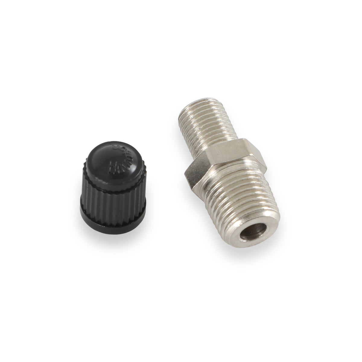 1/8" NPT Male Schrader Valve - on the end that screws into the adapter or fuel rail.  The thread size on the cap end is .305"-32.