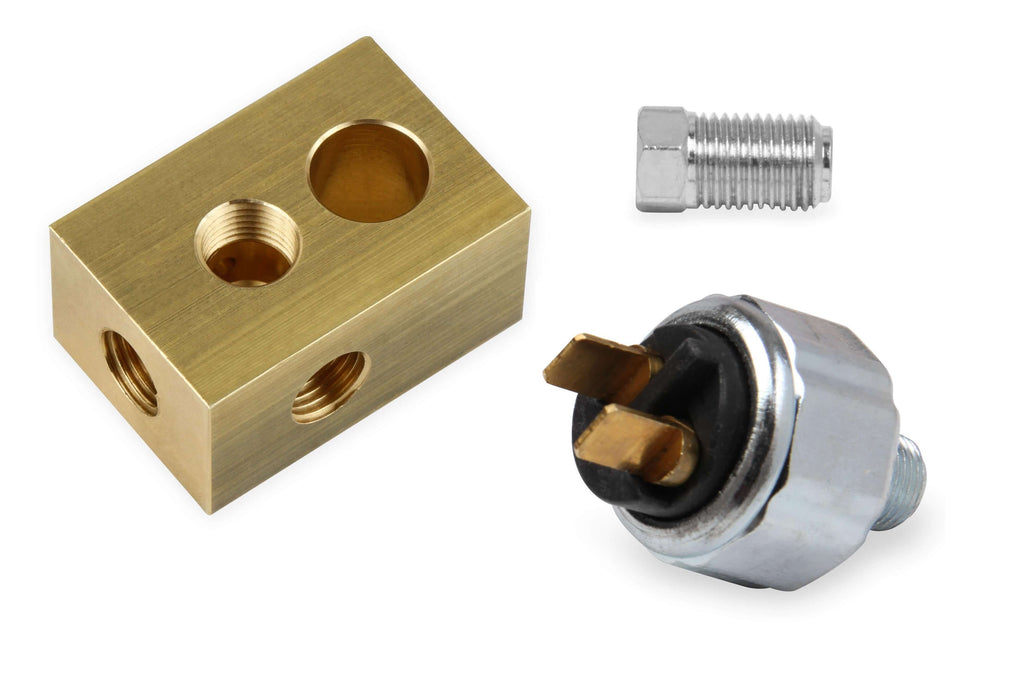 Brake Light switch Kit - Includes Pressure activated switch, brass tee, and Inverted flare plug.  Fits most brake hardline w/ 3/8"-24 inverted flare tube nuts.