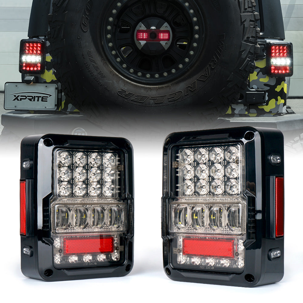 Xprite Destroyer Series LED Tail Lights — Jeep Wrangler JK 2007–2018, Clear / Smoked
