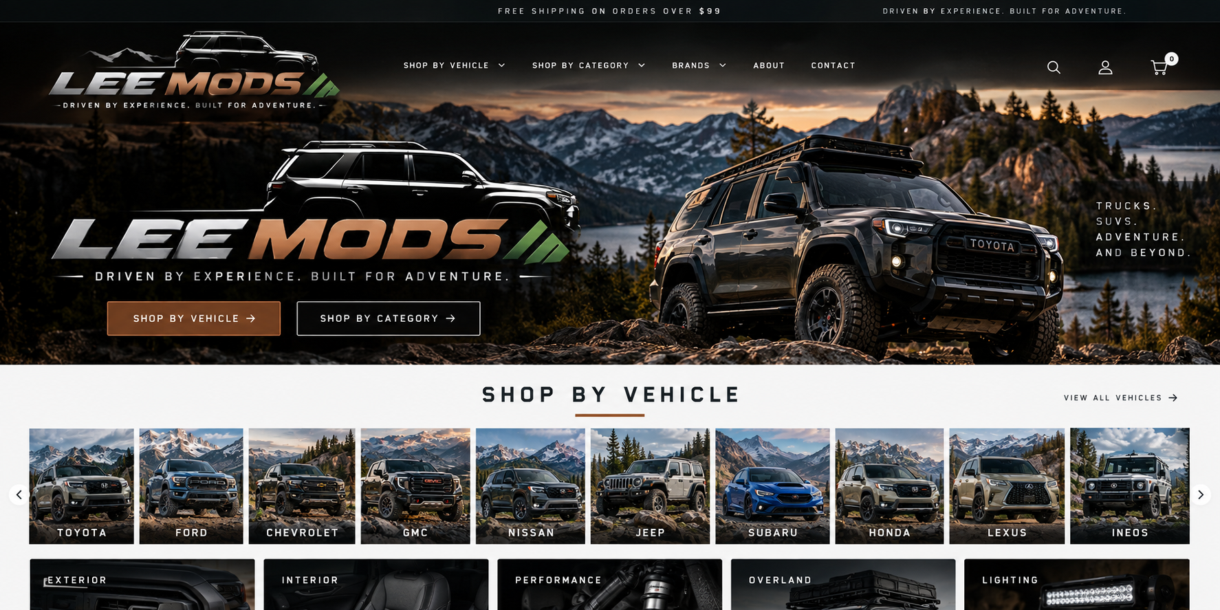 Lee Mods — driven by experience, built for adventure. Toyota 4Runner overlooking a mountain lake.